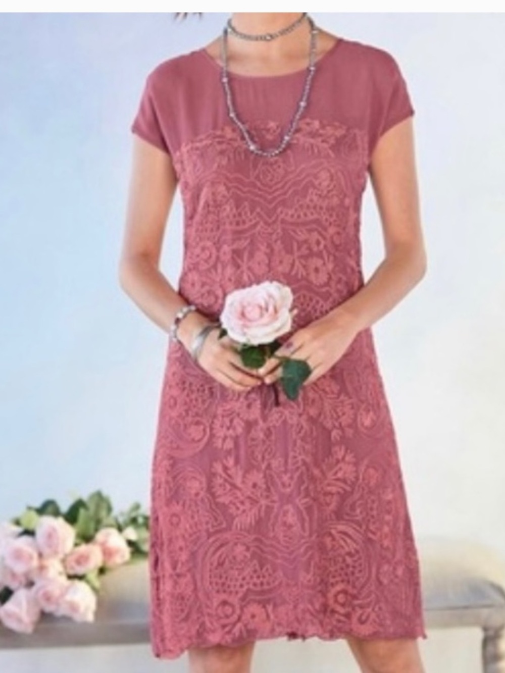 SUNDANCE Women's Dusty Lilian Rose Lace Overlay Short Sleeve Dress Sz SMALL